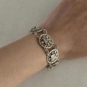 Paris France silver filigree bracelet w Eiffel Tower, Notre Dame Arc De Triomphe